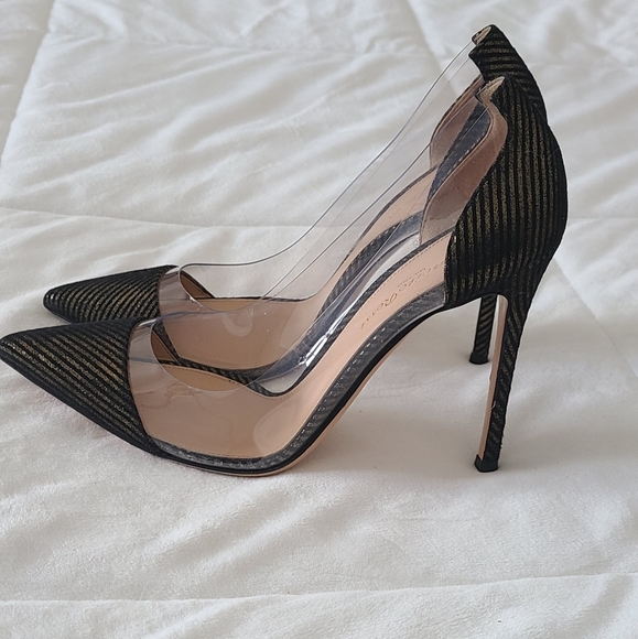 EUC! Gianvito Rossi Black Suede/Gold Metallic Striped Plexi Pumps! - Picture 2 of 12